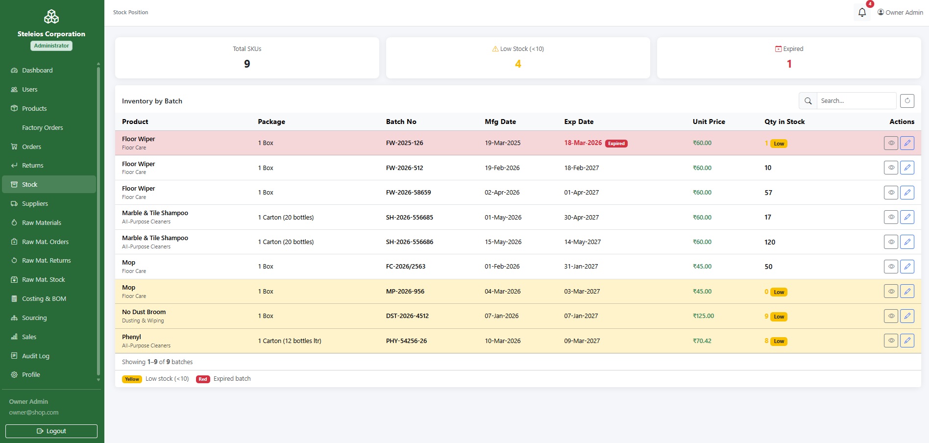 Batch-tracked stock position
